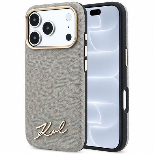Funda MagSafe para Apple iPhone 18 Pro / 17 Pro, Karl Lagerfeld, Saffiano Small Script Metal Logo, Gris Beige