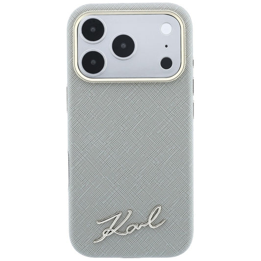 Funda MagSafe para Apple iPhone 18 Pro / 17 Pro, Karl Lagerfeld, Saffiano Small Script Metal Logo, Gris Beige