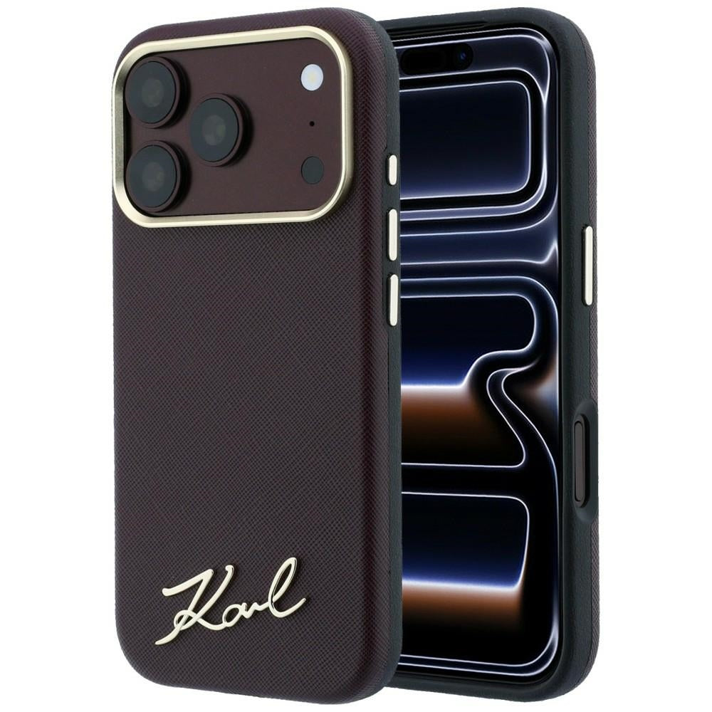 Funda MagSafe para Apple iPhone 18 Pro / 17 Pro, Karl Lagerfeld, Saffiano Small Script Metal Logo, Burdeos