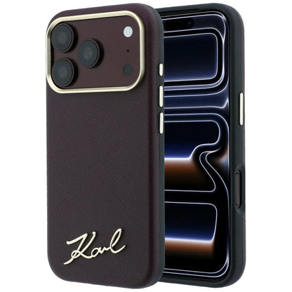 Funda MagSafe para Apple iPhone 18 Pro / 17 Pro, Karl Lagerfeld, Saffiano Small Script Metal Logo, Burdeos