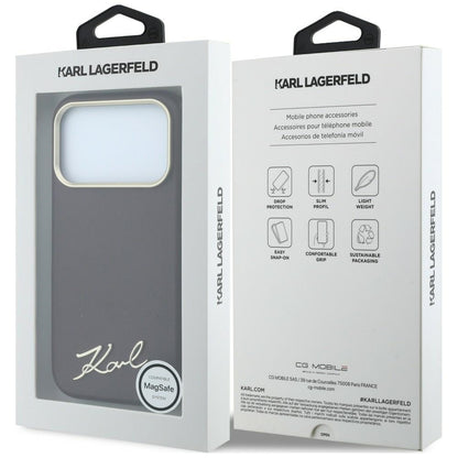Funda MagSafe para Apple iPhone 18 Pro / 17 Pro, Karl Lagerfeld, Saffiano Small Script Metal Logo, Burdeos