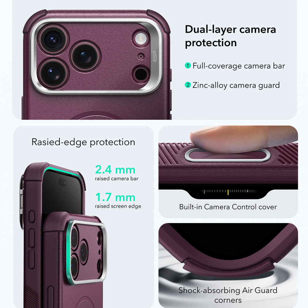 Funda MagSafe para Apple iPhone 18 Pro Max / 17 Pro Max, ESR, Cyber Armor Kickstand, Burdeos Oscuro Satinado