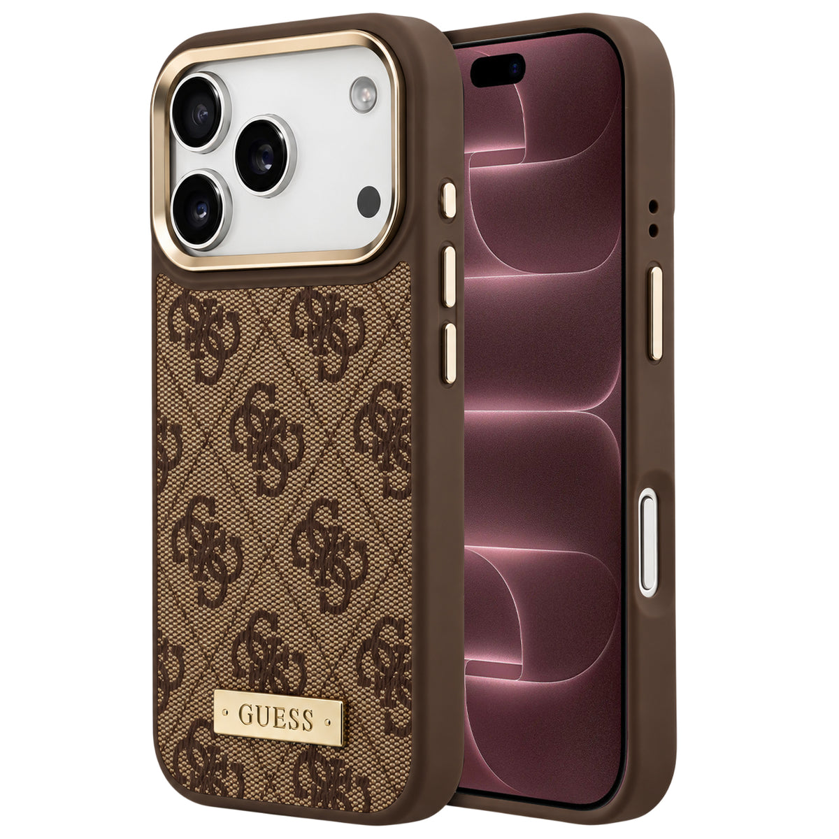 Funda MagSafe para Apple iPhone 18 Pro Max / 17 Pro Max, Guess, 4G Logo Plate, marrón
