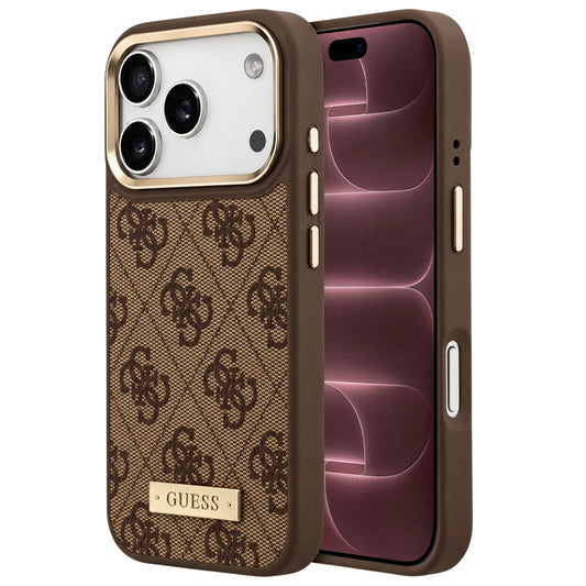 Funda MagSafe para Apple iPhone 18 Pro Max / 17 Pro Max, Guess, 4G Logo Plate, marrón