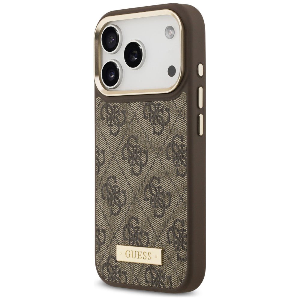 Funda MagSafe para Apple iPhone 18 Pro Max / 17 Pro Max, Guess, 4G Logo Plate, marrón