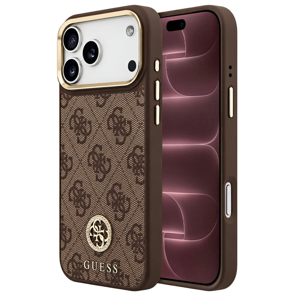 Funda MagSafe para Apple iPhone 18 Pro Max / 17 Pro Max, Guess, logo 4G con strass, marrón