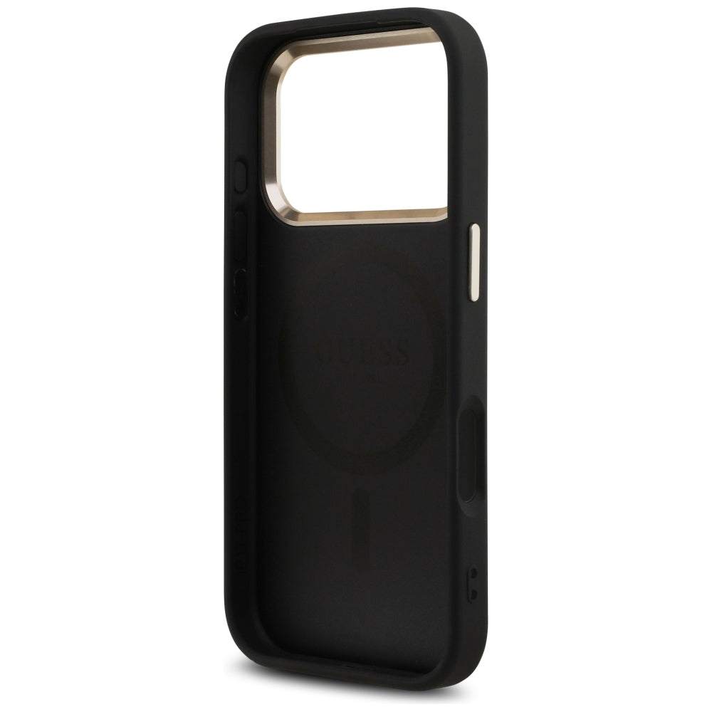 Funda MagSafe para Apple iPhone 18 Pro Max / 17 Pro Max, Guess, 4G Triangle Logo, negra y dorada