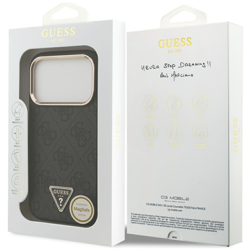 Funda MagSafe para Apple iPhone 18 Pro Max / 17 Pro Max, Guess, 4G Triangle Logo, negra y dorada