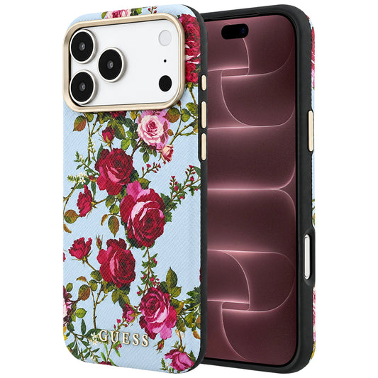 Funda MagSafe para Apple iPhone 18 Pro Max / 17 Pro Max, Guess, estampado Blossom Roses, azul.