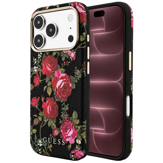 Funda MagSafe para Apple iPhone 18 Pro Max / 17 Pro Max, Guess, estampado Blossom Roses, negra
