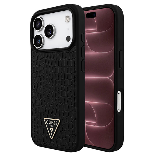 Funda MagSafe para Apple iPhone 18 Pro Max / 17 Pro Max, Guess, Croco Triangle Logo, negra
