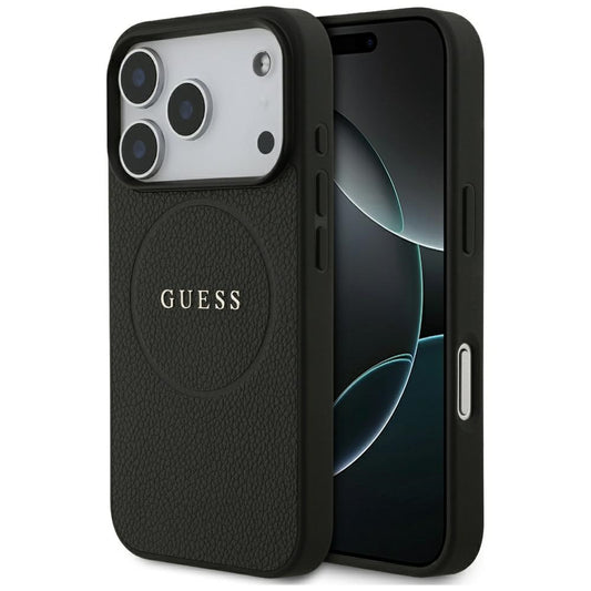 Funda MagSafe para Apple iPhone 18 Pro Max / 17 Pro Max, Guess, Anillo Dorado Granulado, Negra