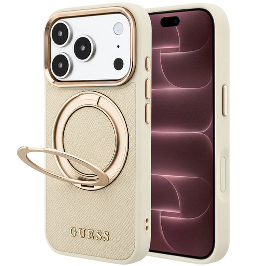 Funda MagSafe para Apple iPhone 18 Pro Max / 17 Pro Max, Guess, Soporte de Anillo Granulado 360 Clásico, Beige