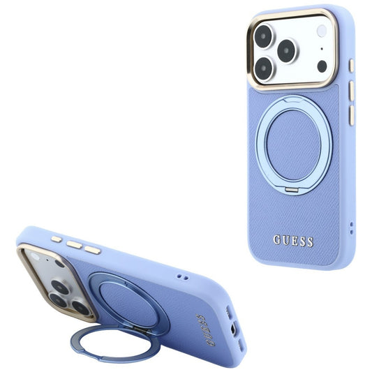 Funda MagSafe para Apple iPhone 18 Pro Max / 17 Pro Max, Guess, Grained Ring Stand 360 Classic, azul celeste