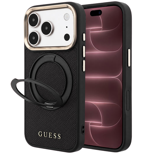 Funda MagSafe para Apple iPhone 18 Pro Max / 17 Pro Max, Guess, Grained Ring Stand 360 Classic, negra