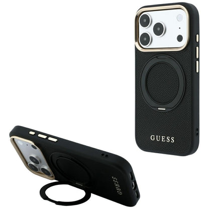 MagSafe Case for Apple iPhone 18 Pro Max / 17 Pro Max, Guess, Grained Ring Stand 360 Classic, Black