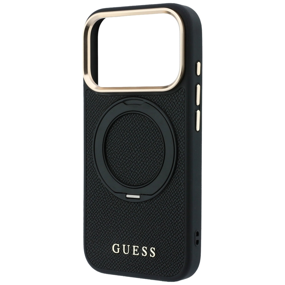 MagSafe Case for Apple iPhone 18 Pro Max / 17 Pro Max, Guess, Grained Ring Stand 360 Classic, Black