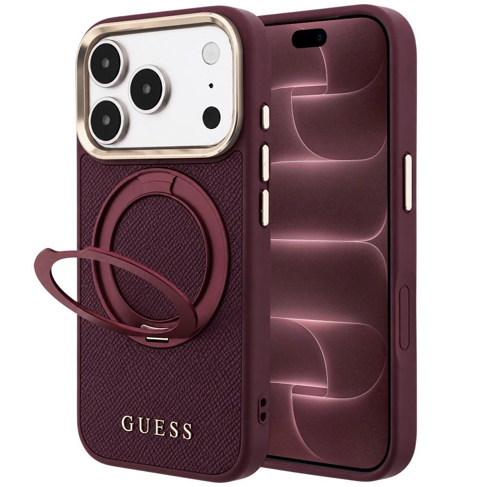 Funda MagSafe para Apple iPhone 18 Pro Max / 17 Pro Max, Guess, Soporte de Anillo Granulado 360 Clásico, Burdeos
