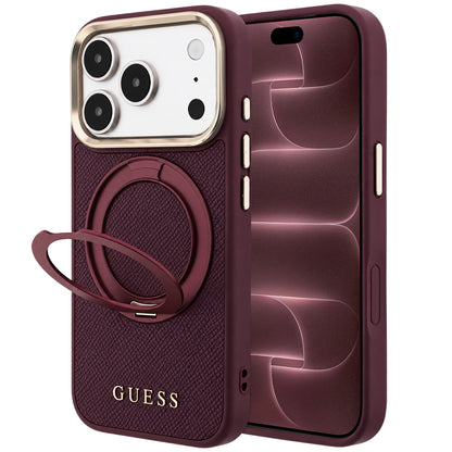 Funda MagSafe para Apple iPhone 18 Pro Max / 17 Pro Max, Guess, Soporte de Anillo Granulado 360 Clásico, Burdeos