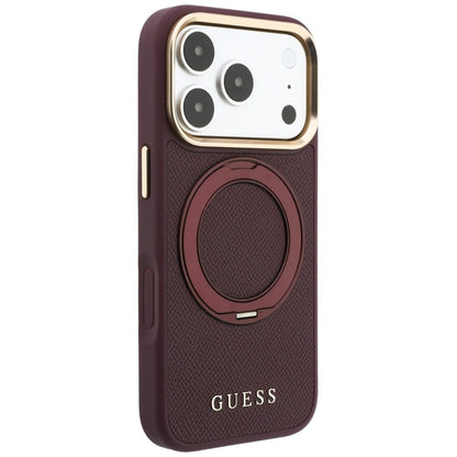 Funda MagSafe para Apple iPhone 18 Pro Max / 17 Pro Max, Guess, Soporte de Anillo Granulado 360 Clásico, Burdeos