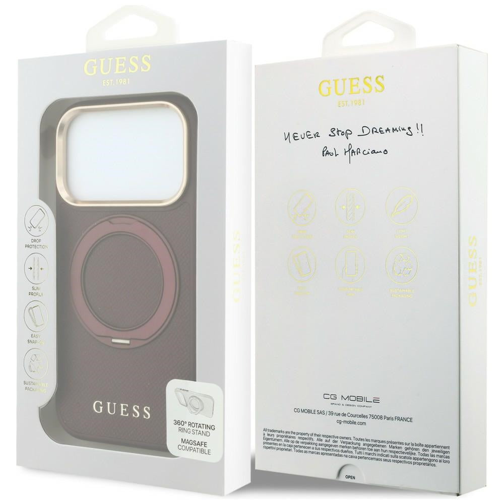 Funda MagSafe para Apple iPhone 18 Pro Max / 17 Pro Max, Guess, Soporte de Anillo Granulado 360 Clásico, Burdeos