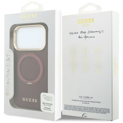 Funda MagSafe para Apple iPhone 18 Pro Max / 17 Pro Max, Guess, Soporte de Anillo Granulado 360 Clásico, Burdeos