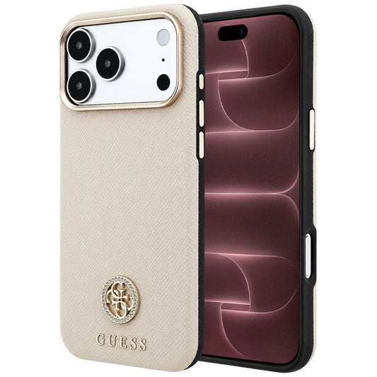 Funda MagSafe para Apple iPhone 18 Pro Max / 17 Pro Max, Guess, Logo Redondo con Strass Granulado, Beige