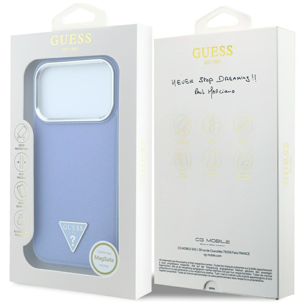 Funda MagSafe para Apple iPhone 18 Pro Max / 17 Pro Max, Guess, Logotipo Triángulo Granulado, Azul
