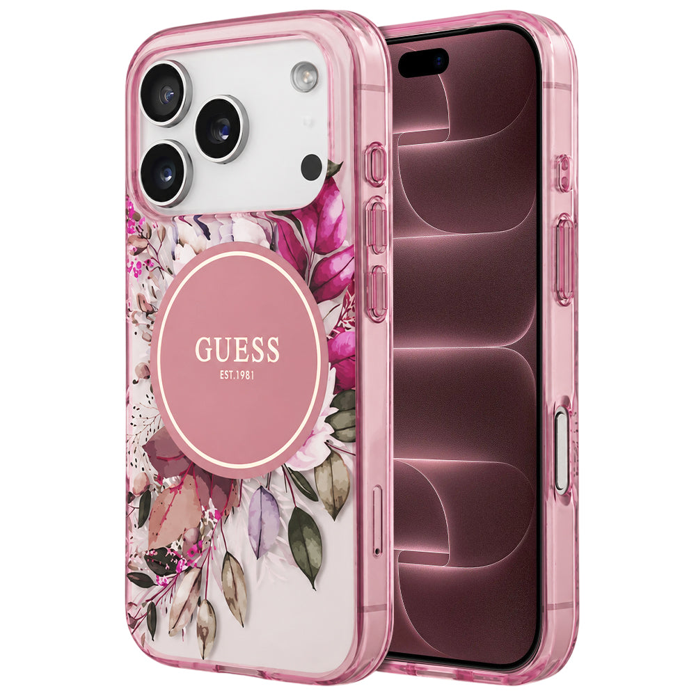 Funda MagSafe para Apple iPhone 18 Pro Max / 17 Pro Max, Guess, IML Flower & Tonal Circle, Rosa