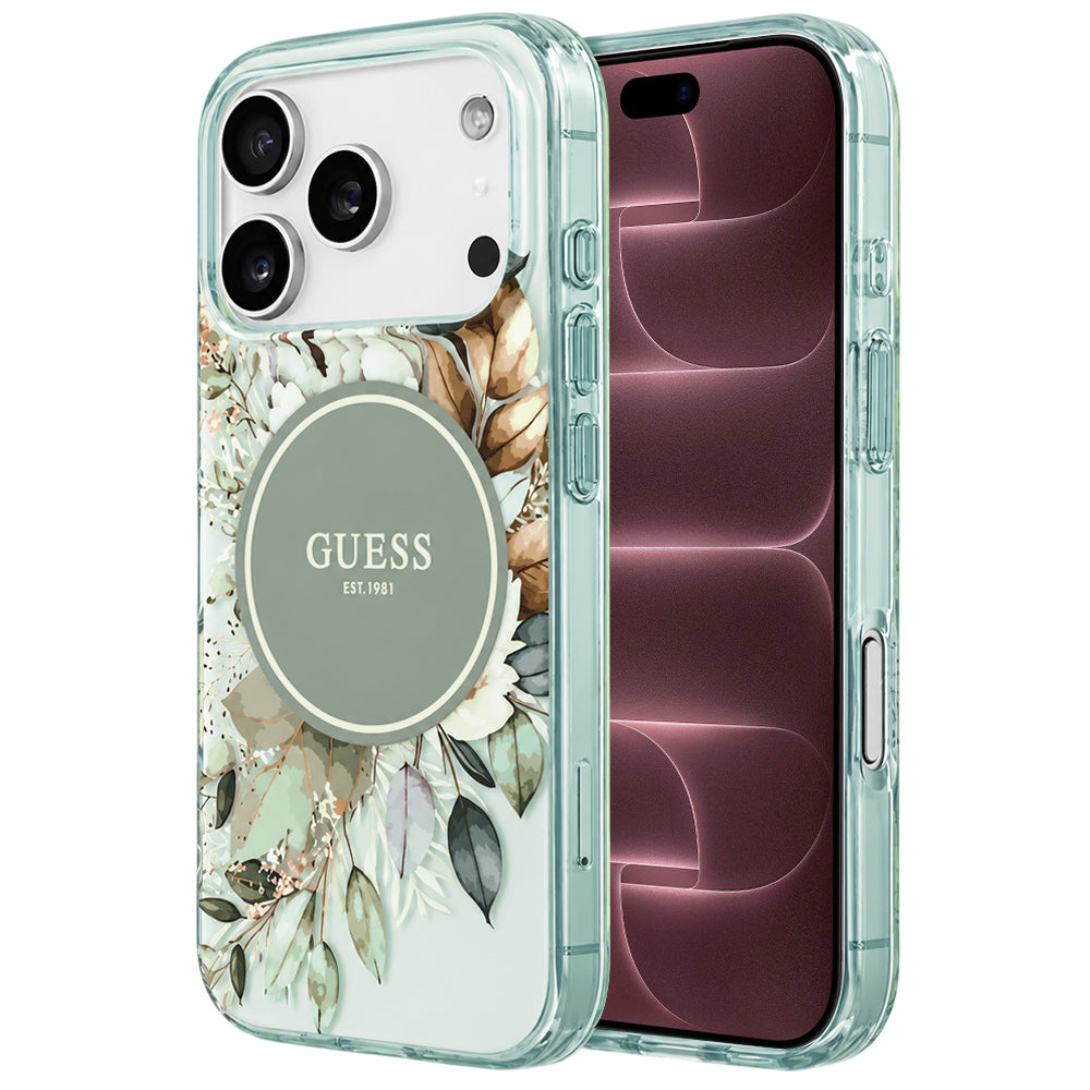 Funda MagSafe para Apple iPhone 18 Pro Max / 17 Pro Max, Guess, IML Flower & Tonal Circle, Verde