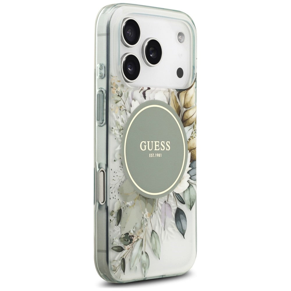 Funda MagSafe para Apple iPhone 18 Pro Max / 17 Pro Max, Guess, IML Flower & Tonal Circle, Verde