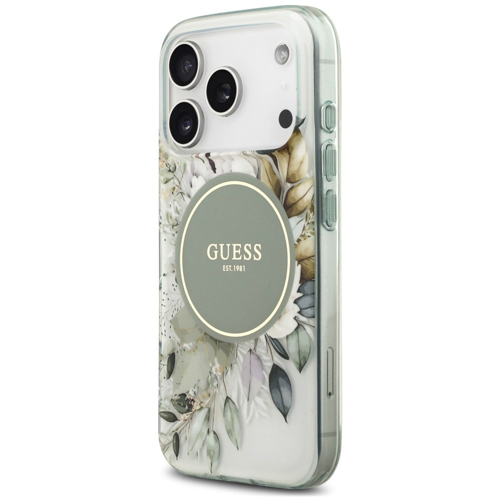 Funda MagSafe para Apple iPhone 18 Pro Max / 17 Pro Max, Guess, IML Flower & Tonal Circle, Verde