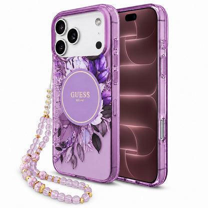 Funda MagSafe para Apple iPhone 18 Pro Max / 17 Pro Max, Guess, IML Flowers with Pearl Strap, morada