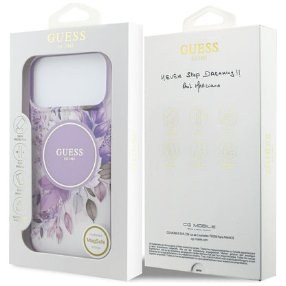 Funda MagSafe para Apple iPhone 18 Pro Max / 17 Pro Max, Guess, IML Flowers with Pearl Strap, morada