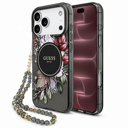 MagSafe Case for Apple iPhone 18 Pro Max / 17 Pro Max, Guess, IML Flowers with Pearl Strap, Black