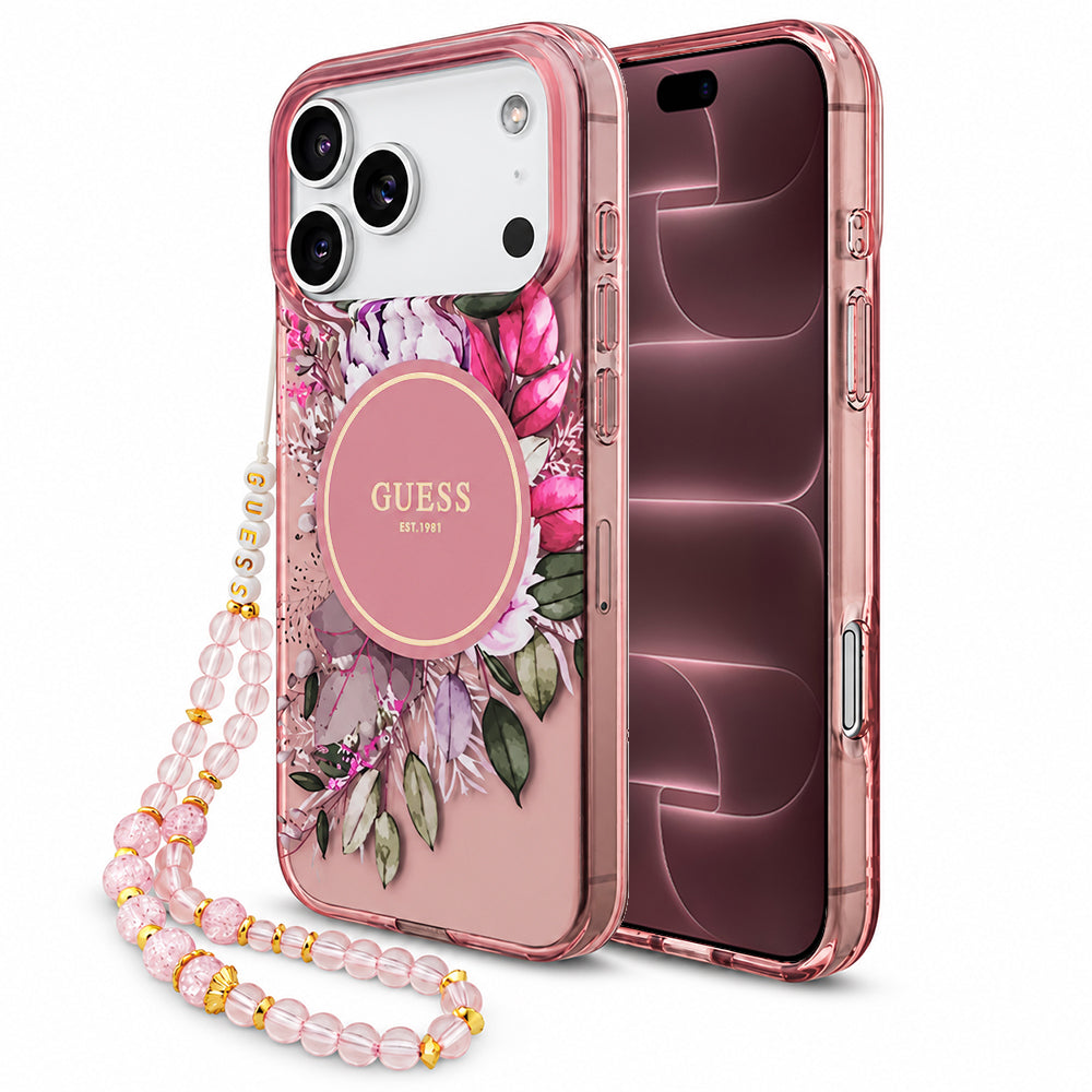 Funda MagSafe para Apple iPhone 18 Pro Max / 17 Pro Max, Guess, IML Flowers with Pearl Strap, Rosa