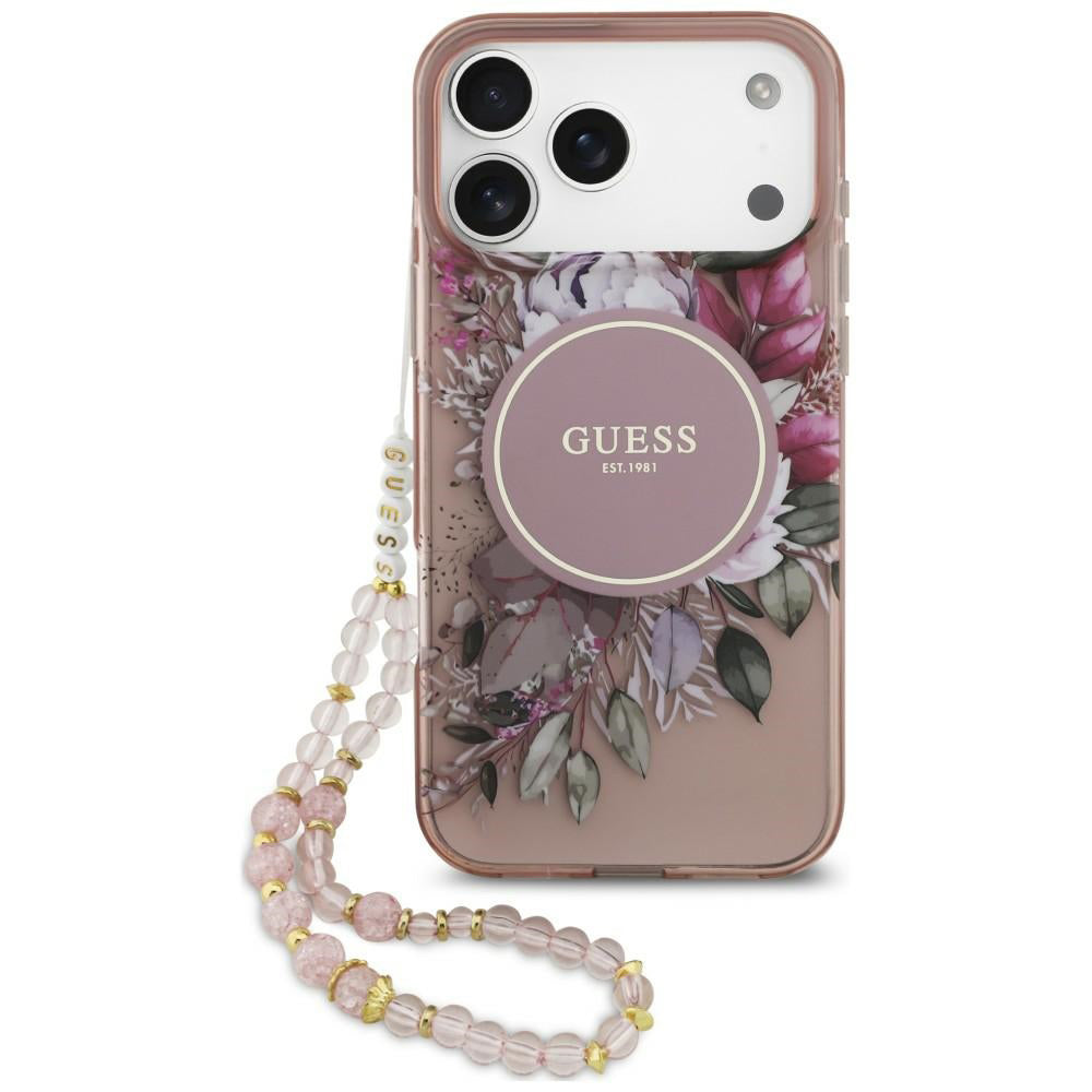 Funda MagSafe para Apple iPhone 18 Pro Max / 17 Pro Max, Guess, IML Flowers with Pearl Strap, Rosa