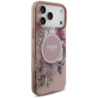 Funda MagSafe para Apple iPhone 18 Pro Max / 17 Pro Max, Guess, IML Flowers with Pearl Strap, Rosa
