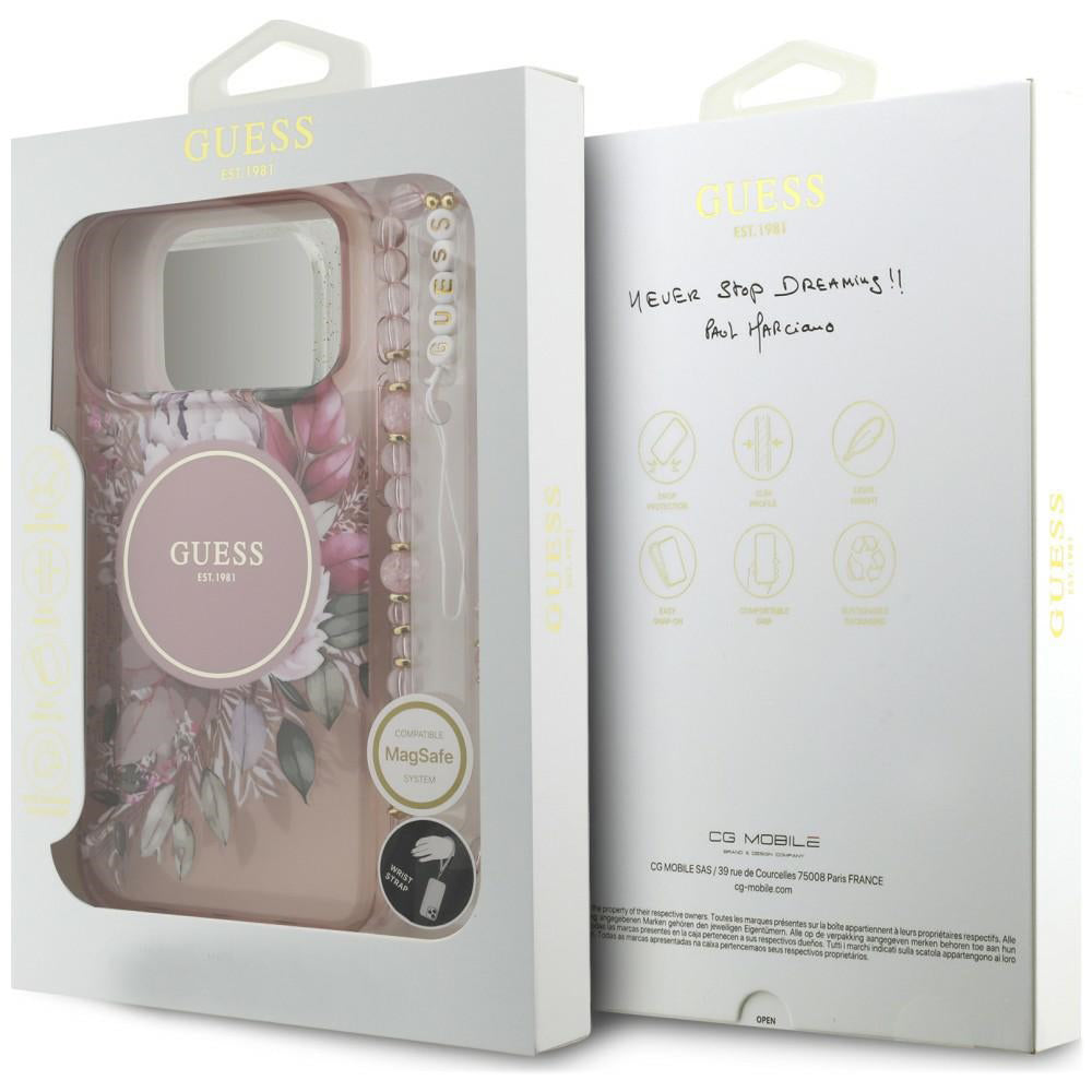 Funda MagSafe para Apple iPhone 18 Pro Max / 17 Pro Max, Guess, IML Flowers with Pearl Strap, Rosa