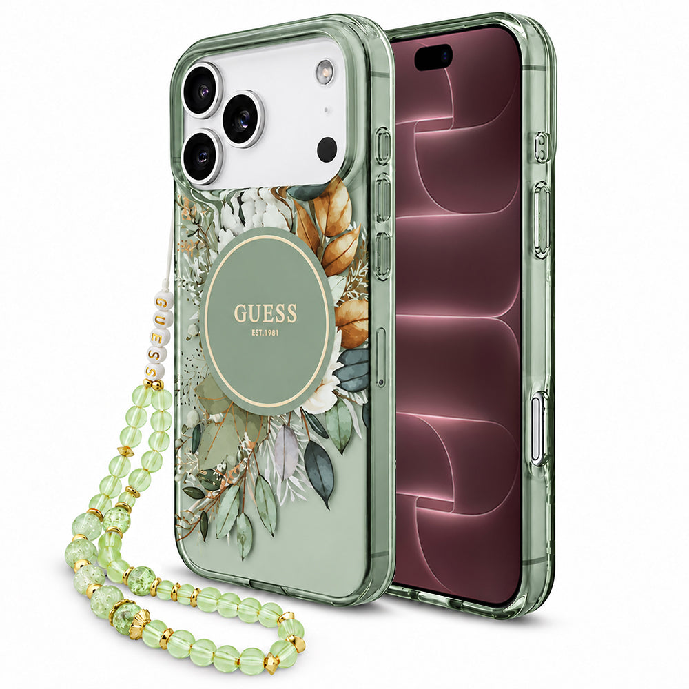 Funda MagSafe para Apple iPhone 18 Pro Max / 17 Pro Max, Guess, IML Flowers with Pearl Strap, Verde