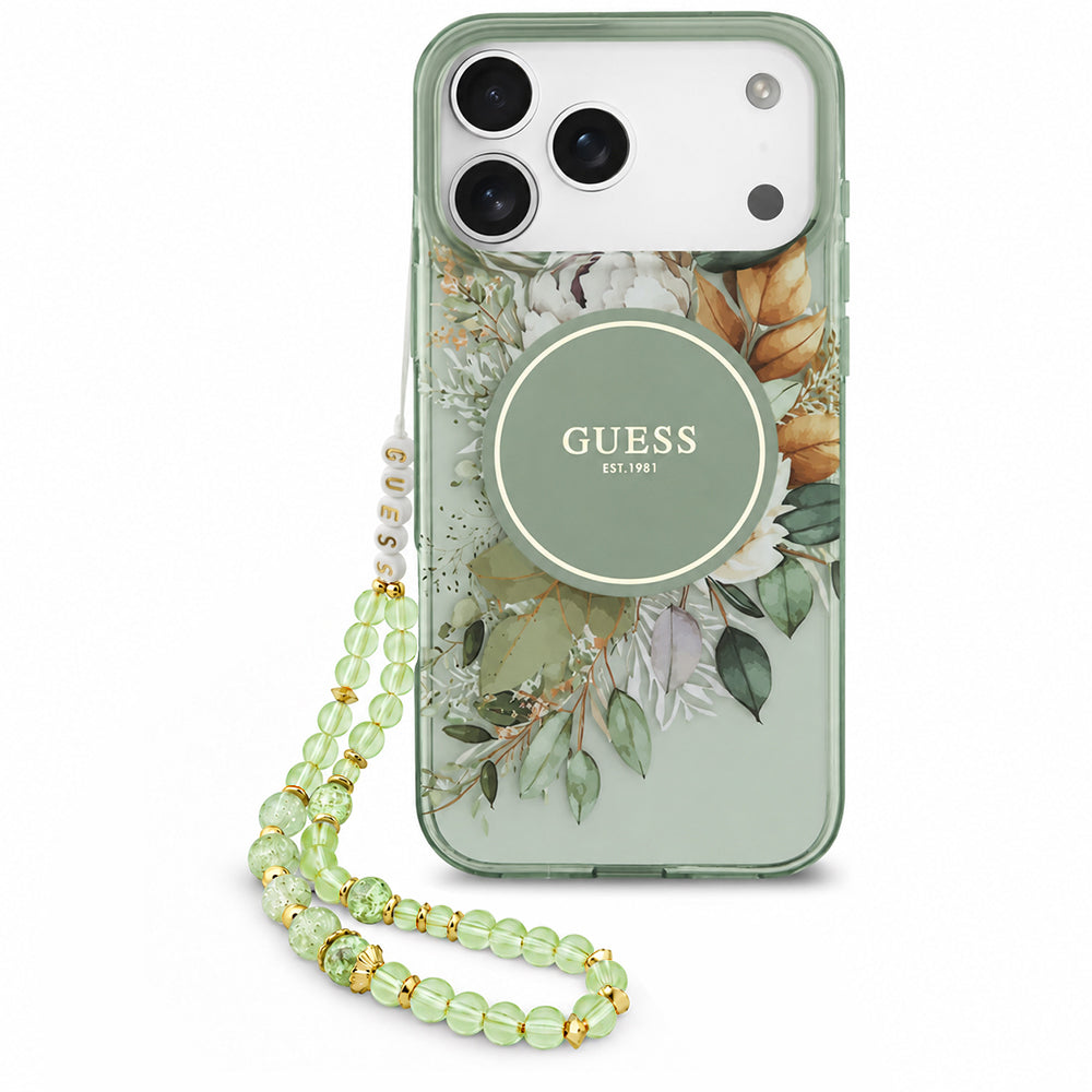 Funda MagSafe para Apple iPhone 18 Pro Max / 17 Pro Max, Guess, IML Flowers with Pearl Strap, Verde