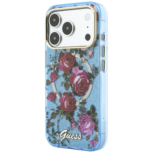 Funda MagSafe para Apple iPhone 18 Pro Max / 17 Pro Max, Guess, IML Glitter Blossom Roses, Azul