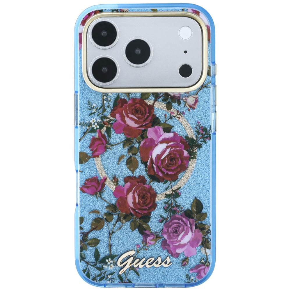 MagSafe Case for Apple iPhone 18 Pro Max / 17 Pro Max, Guess, IML Glitter Blossom Roses, Blue