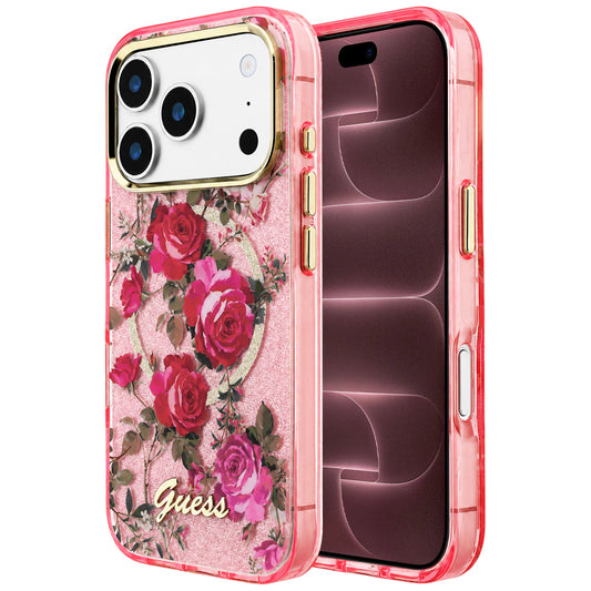 Funda MagSafe para Apple iPhone 18 Pro Max / 17 Pro Max, Guess, IML Glitter Blossom Roses, Rosa