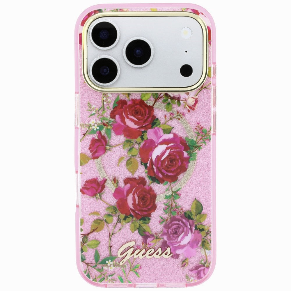 Funda MagSafe para Apple iPhone 18 Pro Max / 17 Pro Max, Guess, IML Glitter Blossom Roses, Rosa