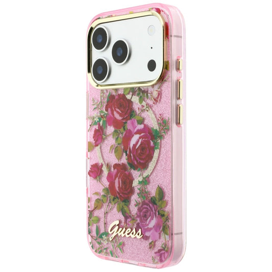 Funda MagSafe para Apple iPhone 18 Pro Max / 17 Pro Max, Guess, IML Glitter Blossom Roses, Rosa