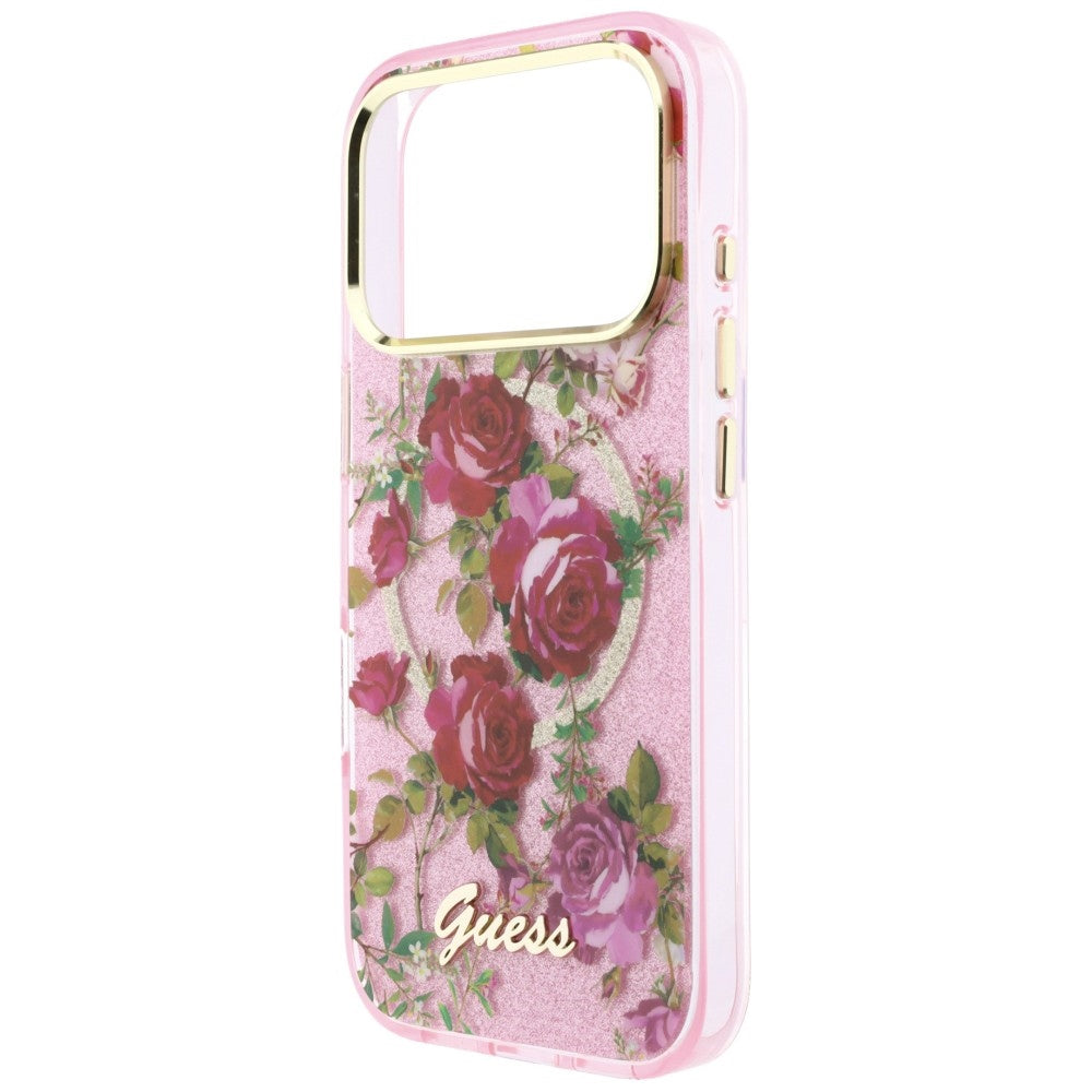 Funda MagSafe para Apple iPhone 18 Pro Max / 17 Pro Max, Guess, IML Glitter Blossom Roses, Rosa