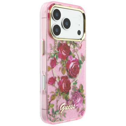 Funda MagSafe para Apple iPhone 18 Pro Max / 17 Pro Max, Guess, IML Glitter Blossom Roses, Rosa