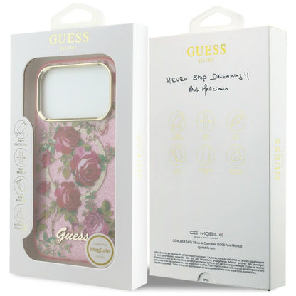 Funda MagSafe para Apple iPhone 18 Pro Max / 17 Pro Max, Guess, IML Glitter Blossom Roses, Rosa