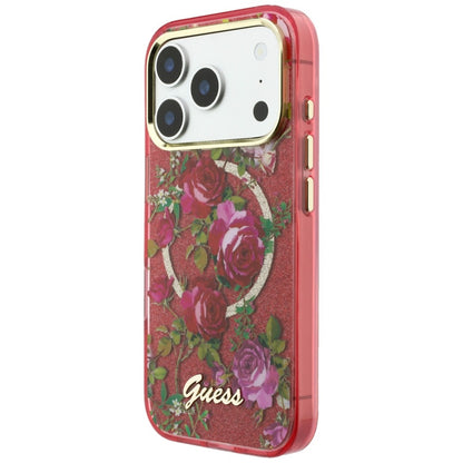 Funda MagSafe para Apple iPhone 18 Pro Max / 17 Pro Max, Guess, IML Glitter Blossom Roses, Burdeos